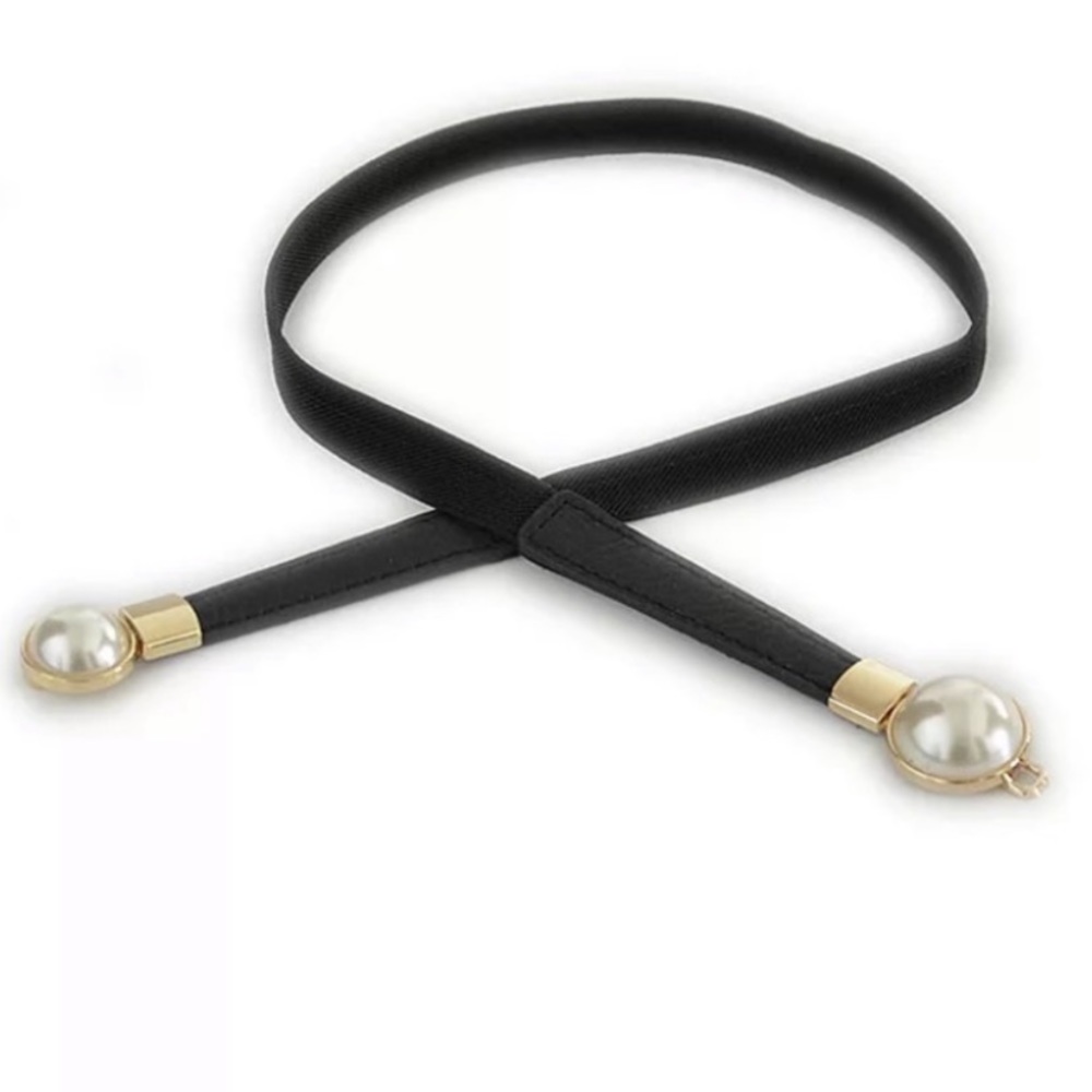 Faux Pearl Stretch Belt Black Gold High Waist - Picture 5 of 8
